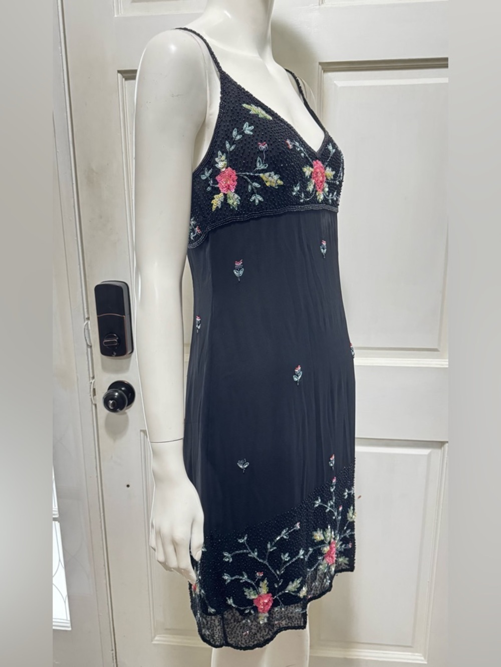 Vintage CACHE Black Midi Slip FORMAL Pink Floral Embroidery dress Sz 8 A - Picture 2 of 11